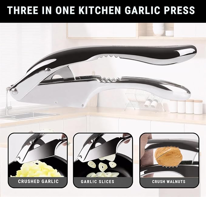 Garlic Press Stainless Steel - 3-in-1 Heavy Duty Garlic Press and Slicer, Professional Garlic Mincer Tool & Garlic Crusher with Ergonomic Handle, Dishwasher Safe Garlic Presser Set