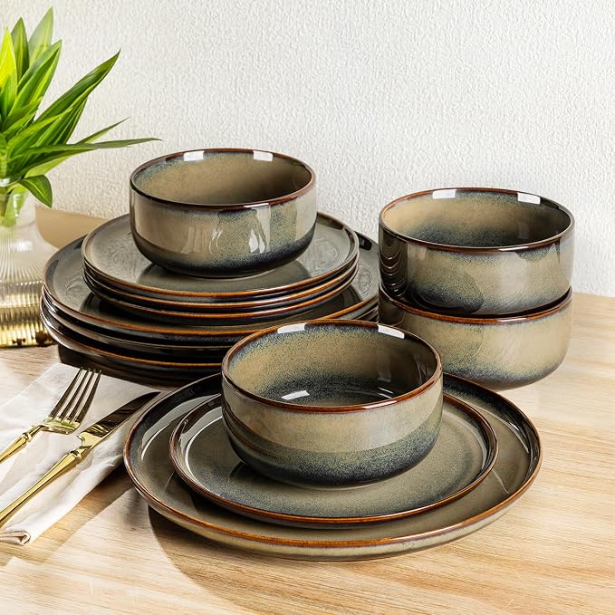 Ceramic Dinnerware Set for 4, 12-Piece Plates and Bowls Set | Handmade Reactive Glaze Dish Set, Scratch Resistant, Oven & Microwave & Dishwasher Safe, Mocha Brown