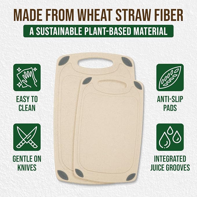 AXIOM CREATIONS 2-Piece Reversible Cutting Board Set Made with Natural Wheat Straw Fiber, Eco-Conscious Food Safe Kitchen Essentials, Gluten Free & BPA Free Chopping Boards for Kitchen