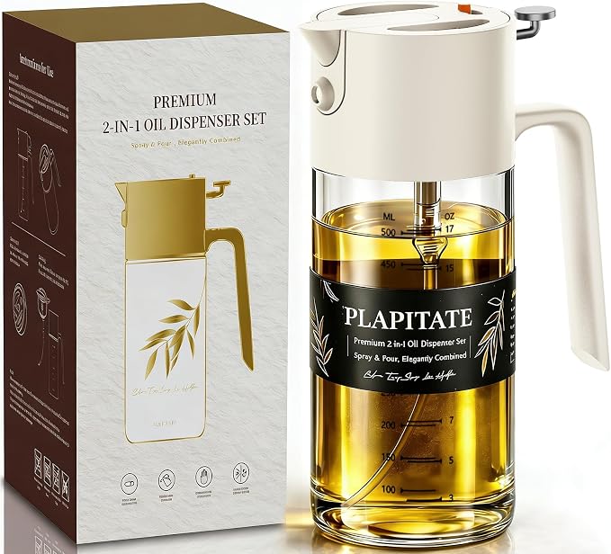 PLAPITATE 17oz/500ml Premium Olive Oil Sprayer for Cooking, 2 in 1 Glass Olive Oil Dispenser Bottle for Kitchen Gadgets, Spray Bottle with Portion Control for Salad, Frying, BBQ (White)