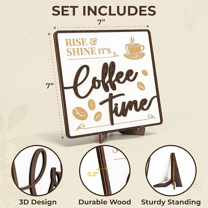 Vintage Coffee Sign Decor, 7 in Wood Cafe Sign for Kitchen Bar | 1 wood sign 7 in square, its coffee time design, coffee bar and cafe station decor, lover gift