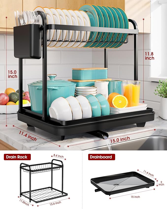 Sakugi 2-Tier Dish Drying Rack - Stainless Steel Dish Rack with Cutlery & Utensil Holders for Kitchen Counter, Sink Organization and Storage for Small Family, 15" W x 11.4" L x 15" H, Black | Kitchen, Sink Counter, Stainless Steel, Counter Top, Utensil...