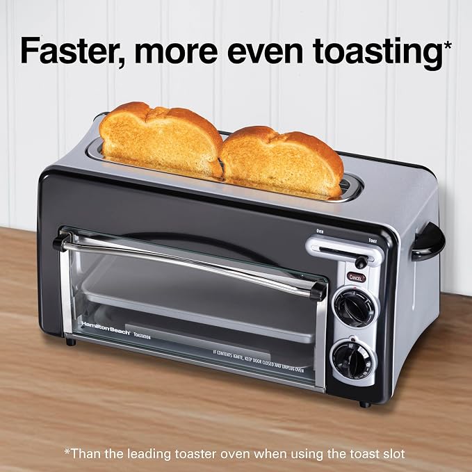 Hamilton Beach 2-in-1 Countertop Toaster Oven & Long Slot 2 Slice Toaster | Versatile Toasting & Baking | Auto Shut Off | Shade Selector & Temperature Control |Compact Retro Design | Black | 22725