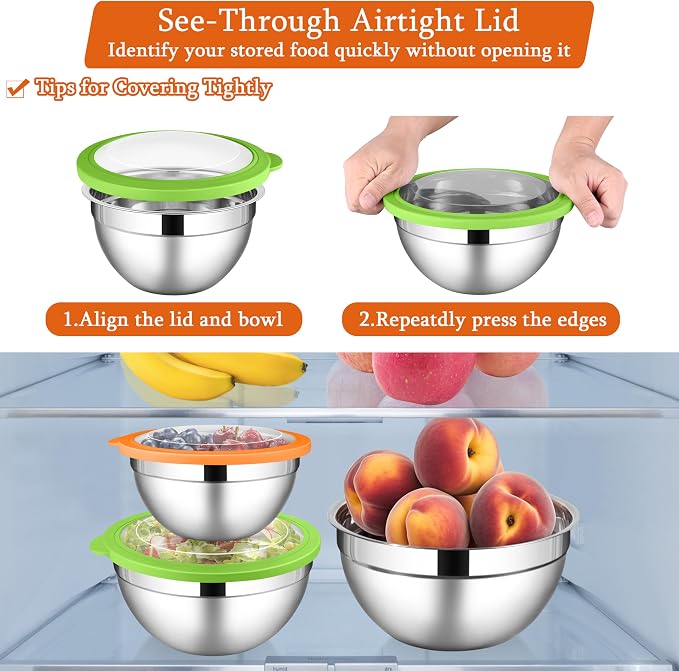LIANYU Mixing Bowls with Lid Set of 3, Stainless Steel Metal Mixing Bowls | Large & Small 1.5 & 3 & 4.6QT Sizes, for Kitchen Cooking, Baking, Storage, Dishwasher Safe, 3-Color