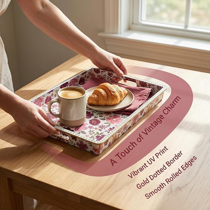 Rectangular Plastic Serving Tray with Handles, Burgundy Watercolor Floral Print with Gold Rim, Vintage Tray for Breakfast, Coffee, Tea, Home Decoration and Party, 15.7" x 11.8" x 1.57"