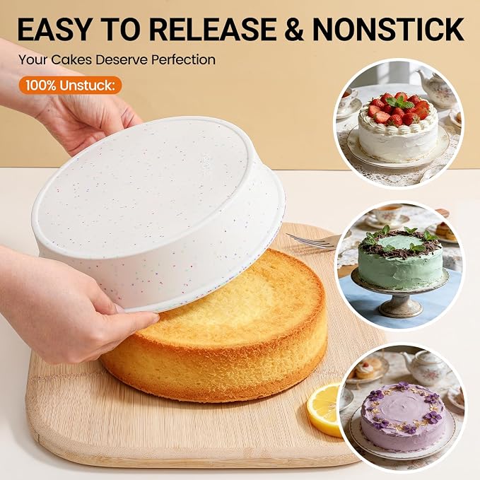 CAKETIME 8 Inch Silicone Round Cake Pan with Metal Reinforced Frame Set of 2, Non-stick & BPA Free, Even Heat Distribution, Stackable & Dishwasher Safe