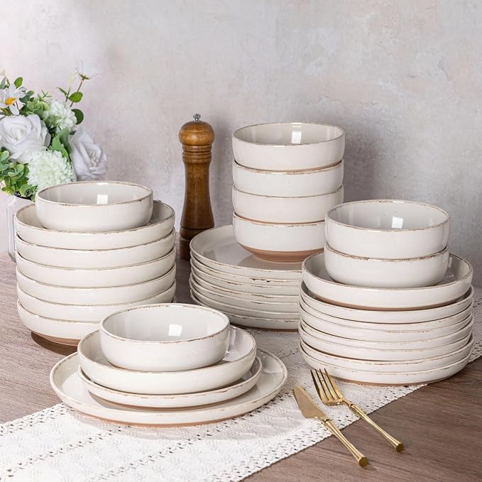 AmorArc Dinnerware Sets for 8, 24 Pieces Ceramic Plates and Bowls Set | Scratch Resistant Stoneware Dishes Set, Dishwasher & Microwave Safe, Light Beige