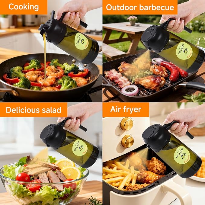 Oil Sprayer for Cooking,470ml Cooking Olive Oil Sprayer and Oil Dispenser 2 In 1, Food-grade Glass Oil Spray Bottle Mister for Air Fryer, BBQ, Griddle (Black+dark green glass and color label)