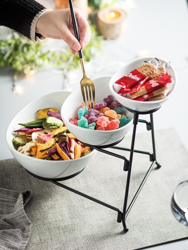 Miamolo 3 Tier Serving Bowls with Stand, Chip and Dip Bowl for Entertaining | Ceramic Food Display for Fruit Salad Snacks Party | with Removable Stand Space-saving Storage | Microwave & Dishwasher Safe