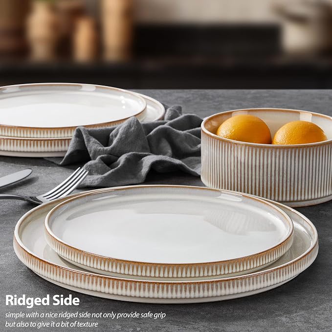 LIANYU 24 Piece Stoneware Plates and Bowls Dishes Set for 6, Dinnerware Sets with Pasta Bowls, Ribbed Dining Ware Dishware for Home Wedding, Microwave and Dishwasher Safe, Dawn Beige