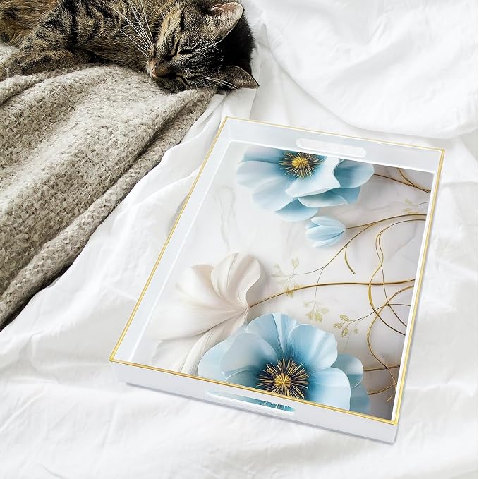 Serving Tray with Handles, 15.7 * 11.8 inches, Plastic Ottoman Tray with Exquisite Paintings, Trays for Coffee Table