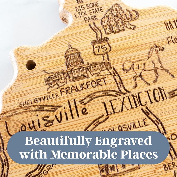 Totally Bamboo Destination Kentucky State Shaped Cutting Board | State charcuterie serving board with engraved map artwork. Smooth reverse side for food prep. Hang tie for wall display.