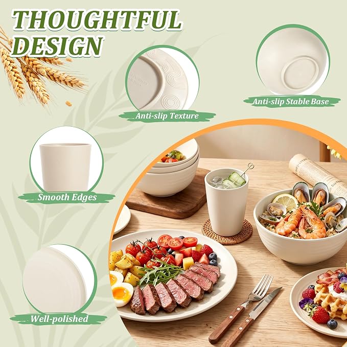 PYRMONT 40 PCS Dishes Set Wheat Straw Plates and Bowls Set Service for 8 Unbreakable & Lightweight Dinnerware Set Microwave & Dishwasher Safe for Apartment,Camping,Kitchen-Beige