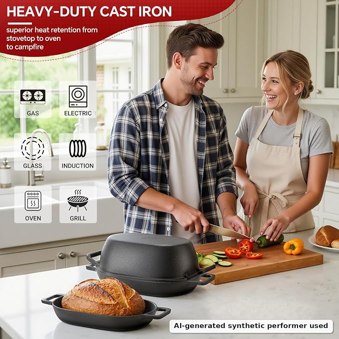 Northriver Casting 12"x8" Oval Cast Iron Dutch Oven for Bread Baking，Pre-Seasoned Combo Cooker with Lid, Perfect for Sourdough, Artisan Loaves & Family Meals,5 Qt