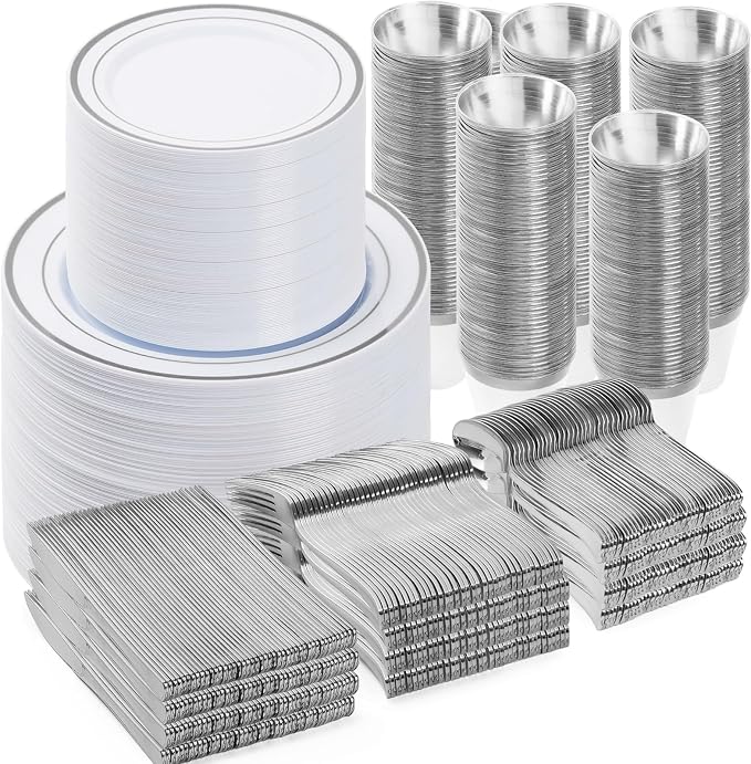 BESTVIP 900PCS Silver Dinnerware Set for 150 Guests, | Plastic Plates for Party, 150 Gold Disposable Plates, 150 Dessert Plates, 150 Cups, 150 Spoons, 150 Forks and 150 Knives