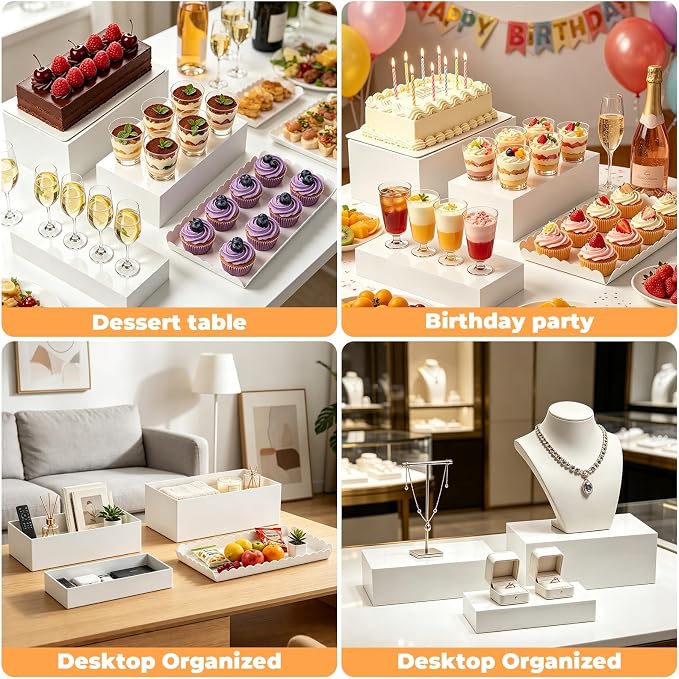 Buffet Risers, 4PCS Glossy White Acrylic Food Risers for Party Table, Rectangle Display Riser Stand with Hollow Box for Dessert Catering Drink Supply, Scalloped Acrylic Serving Tray for Cupcake