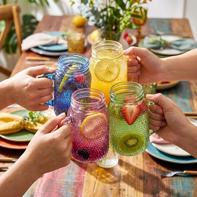 DaYammi 6 Pack 24oz Hobnail Mason Jars Cups Drinking Glass Cups with Lids & Straws, Colorful Wide Mouth Mason Jars Cups with Handle, Tumblers for Coffee Smoothies, Iced Tea, Juice, Beer, Cocktail