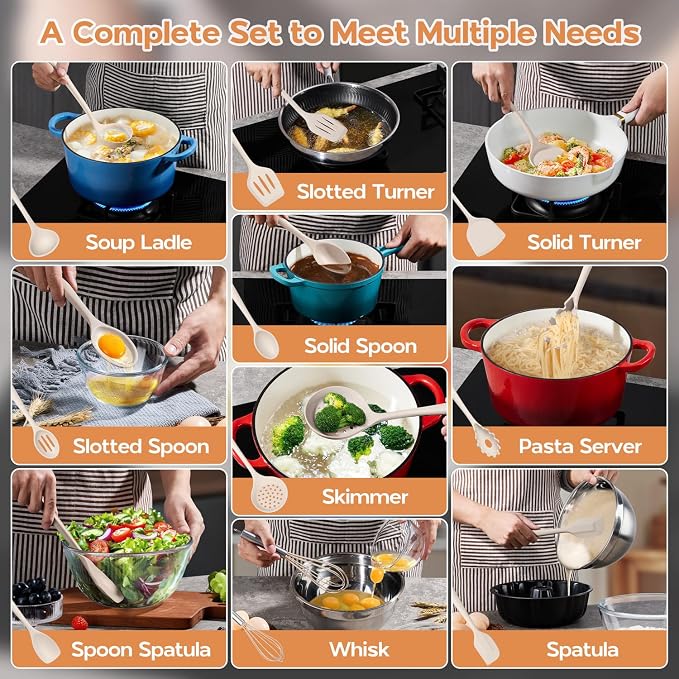 Onader Silicone Cooking Utensils Set of 10, Kitchen Utensils for Nonstick Cookware, Heat Resistant & Nontoxic Spatula Set- Khaki