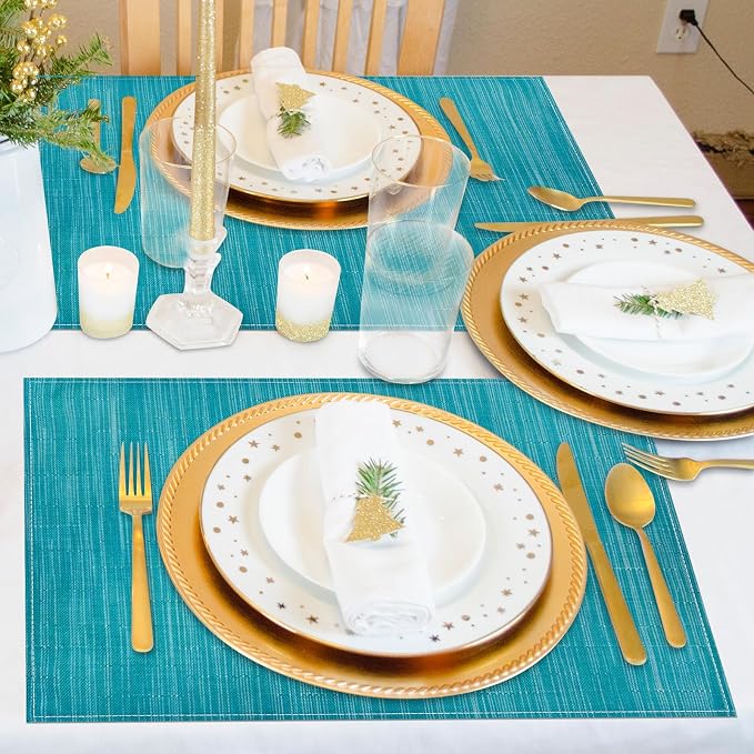 Teal Blue Placemats Set of 4, 12x18 Inch Washable Easy to Clean Heat-Resistant Anti-Skid Teal Blue Placemats for Holiday Party Kitchen Dining Room Decoration