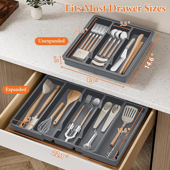 Large Expandable Silverware Drawer Organizer, Utensil Tray | Kitchen Drawer Organizer for Spoons/Forks/Knives, Multipurpose & BPA Free Cutlery Tray(2 Pack, Gray)