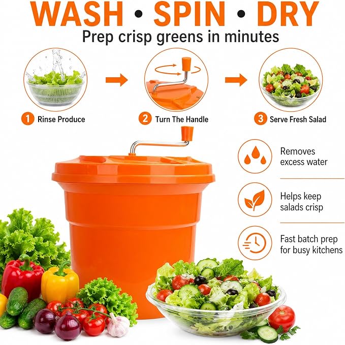 YBSVO 5-Gallon Commercial Salad Spinner Dryer | Heavy Duty Large Lettuce Dryer & Vegetable Washer – Manual Food Prep Spinner for Restaurants & Catering