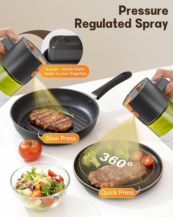Olive Oil Sprayer & Dispenser for Cooking, 17oz Dark Glass Oil Mister, 2PC | 2-in-1 Sprayer & Pourer, Fine mist, Leakproof, Light-Blocking, Wide Mouth for Easy Refill & Clean, 8 Oil Labels, Reusable