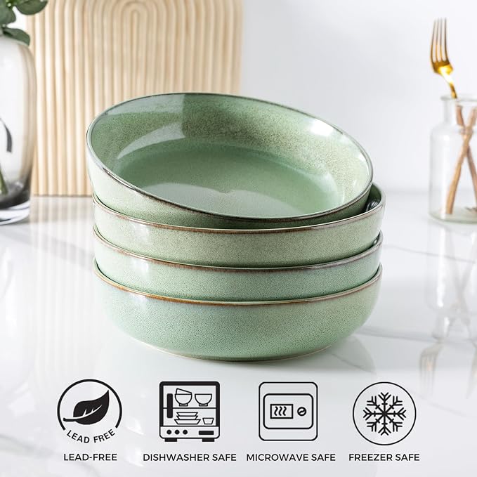 GBhome 8.75'' Large Ceramic Pasta Bowls, 38oz Stoneware Pasta Serving Bowls Set of 4 for Kitchen, Wide Bowls for Fruit,Pasta,Salad,Oatmeal,Meal, Microwave Safe, Reactive Glaze-Pastel Green