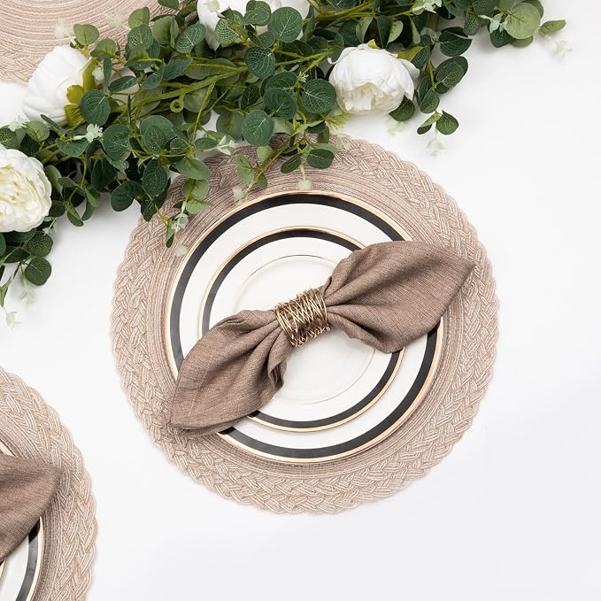 SHACOS 15 inch Round Placemats Set of 6 Boho Woven Braided Border Table Mats Washable Heat Resistant Circle Place Mats for Dining Table, Beige