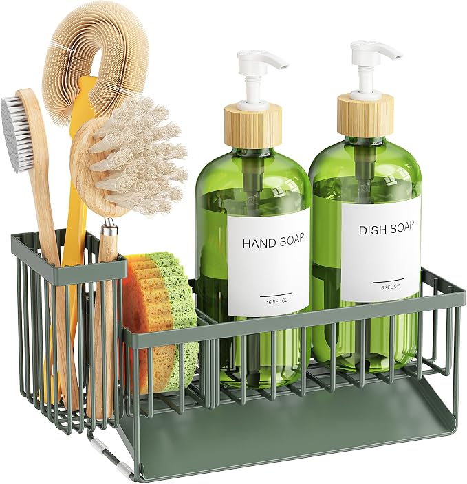 Cisily Kitchen Dish Soap Dispenser Set with 2 Pack 16.9oz Amber Glass Bottle and Sponge Holder, Dish Soap Dispensers with Adjustable Sponge Holder, Vintage Hand and Dish Soap Dispensers Set