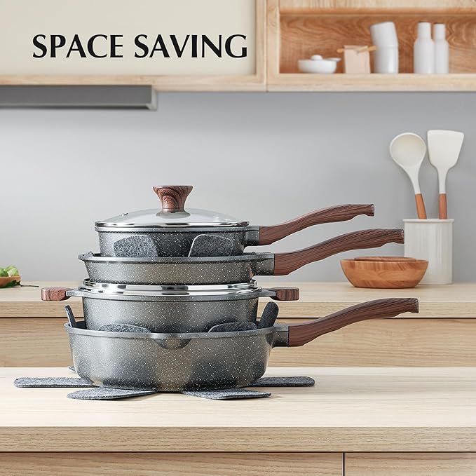 SENSARTE Nonstick Cookware Set 13 Pcs, Non Stick Pots and Pans Set | Swiss Granite Coating, Healthy Kitchen Cooking Set, Stay-Cool Handles, Induction Compatible, PFOA/PFOS Free