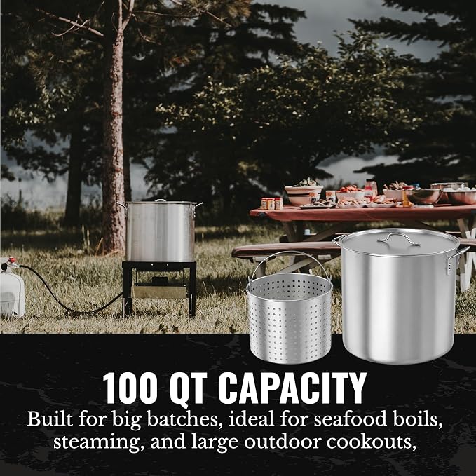 GasOne 100Qt Aluminum Stock Pot with Strainer and Lid – Large Deep Fryer Pot with Basket for Boiling, Frying Turkey, Seafood, Crawfish – Food-Grade Aluminum Large Cooking Pot with Sturdy Handles