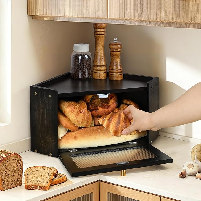 Bread Box for Kitchen Countertop with Acrylic Window Black | Farmhouse Bread Storage Container, Large Pantry Organizers for Homemade Snacks, Loaves, Breathable Keeps Bread Fresh