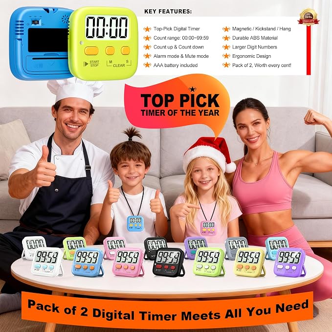 2 Pack Digital Timer for Kids Classroom Kitchen Timers for Cooking | w/ Battery, Easy to View, Alarm, Mute Mode, Count Down/Up, Magnetic, Kickstand, Hanging, Classroom Timer for Teacher Supplies