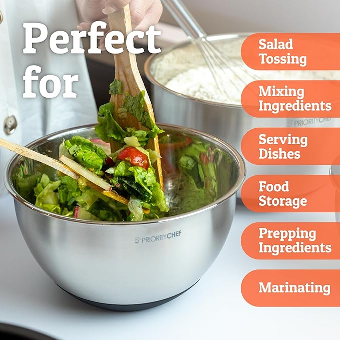 Premium Mixing Bowls With Lids Set, Airtight Lids, Thicker Stainless Steel, Non-Slip Base, 5 Nesting Steel Bowls for Kitchen, Large Prep Metal Bowl Set 1.5/2/3/4/5 Qt, Black