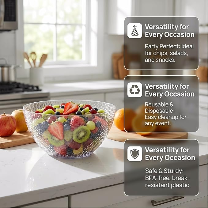 4 Pack Clear Plastic Serving Bowls, 135 OZ Large Round Plastic Bowls, 10 Inch Disposable Reusable Salad Mixing Bowl Buffet Containers for Catering, Party, Salad, Fruit, Chips, Popcorn, Snack