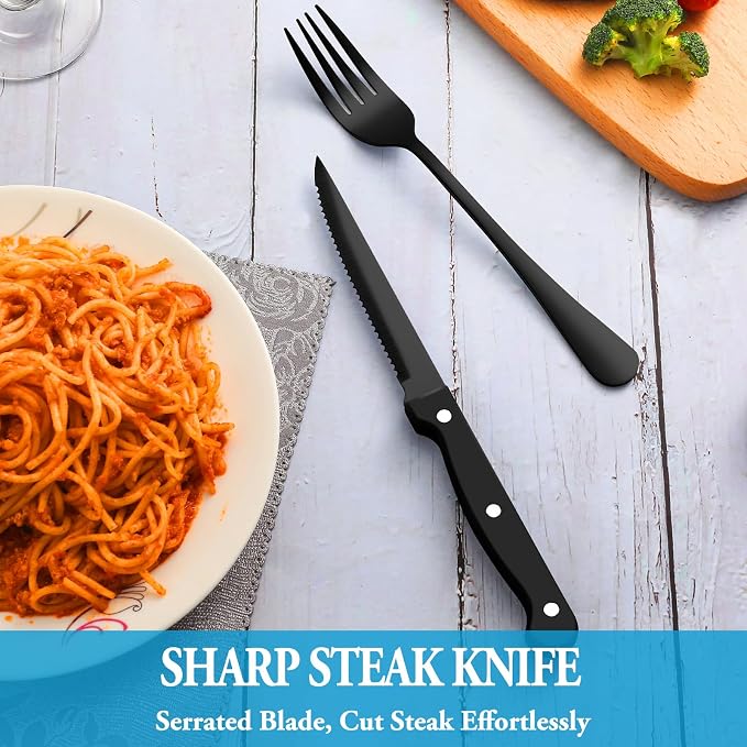 24 Pcs Black Silverware Set with Steak Knives, Stainless Steel Flatware Cutlery Set for 4, Kitchen Tableware Sets, Utensil Sets for Home and Restaurant, Dishwasher Safe