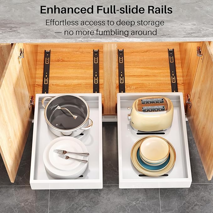 Pull out Cabinet Organizer,21"Deep, 20"Wide Heavy Duty Full-Extension Slide out Drawers Fixed with Nano Adhesive,Roll Out Shelves Sliding Cabinet for Kitchen,Bathroom,Pantry,under sink Storage(White)
