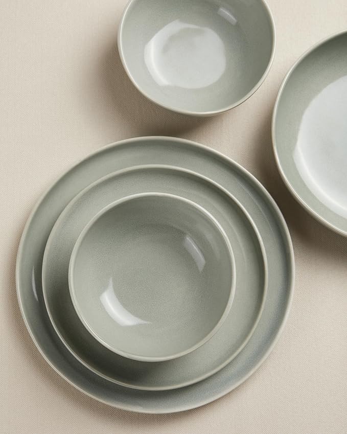 32 Piece Dinnerware Set for 8 with Pasta Bowls, Gray Green Reactive Glaze Stoneware | All‑in‑One Host Set for Entertaining, Holiday Meals, Multi‑Course Dish Set | Unique Irregular Look