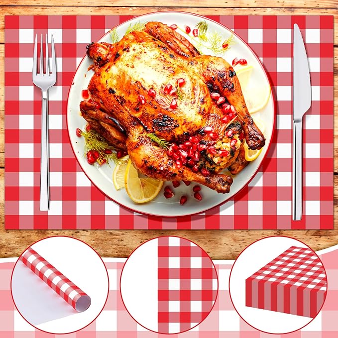 100 Pcs Checkered Paper Placemats Birthday Party Supplies Disposable Placemats for Kids Baby Shower Men Party Decorations Favors 11 x 17 Inch(Red, White)