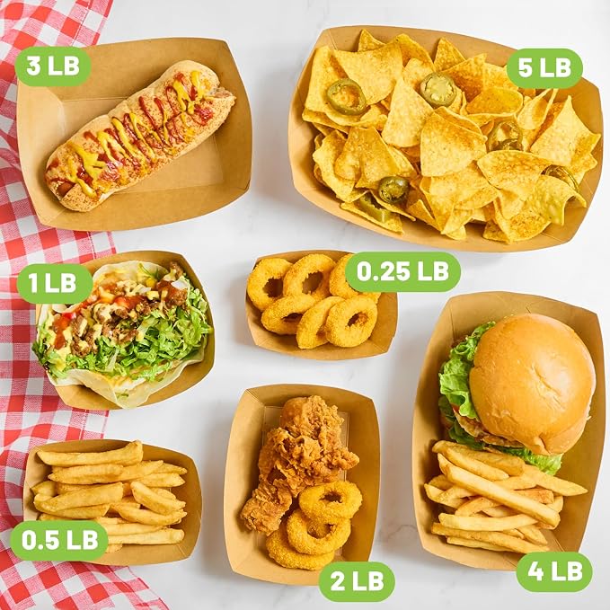 ZORRITA Extra Large Paper Food Trays, 5 LB, 100 Pack | Disposable, Kraft Paper, Nacho Trays, Food Boats, Party Serving Baskets, For Sandwiches Burgers Popcorns Snacks