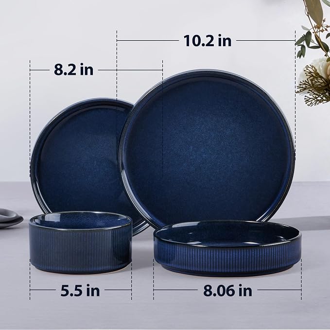 LIANYU 24 Piece Dinnerware Sets with Pasta Bowls for 6, Ribbed Dishes Plates and Bowls Set, Microwave & Dishwasher Safe Ceramic Stoneware for Home Kitchen, Scratch and Chip Resistance, Twilight Blue
