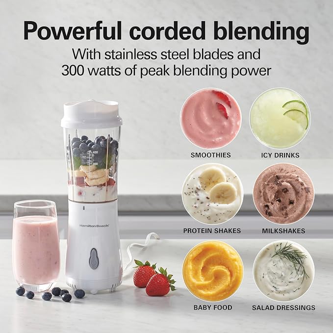 Hamilton Beach Portable Blender for Shakes and Smoothies, 14 Oz BPA Free Travel Cup & Lid, Durable Stainless Steel Blades, Personal Smoothie Blender, White ( 51101V)