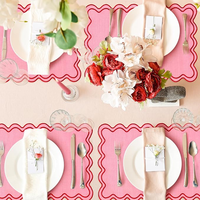 Whaline Pink Red Placemats Embroidered Scalloped Kitchen Place Mats for Wedding Baby Shower Party Home Dining Table Decor, Set of 6, 13 x 19 in