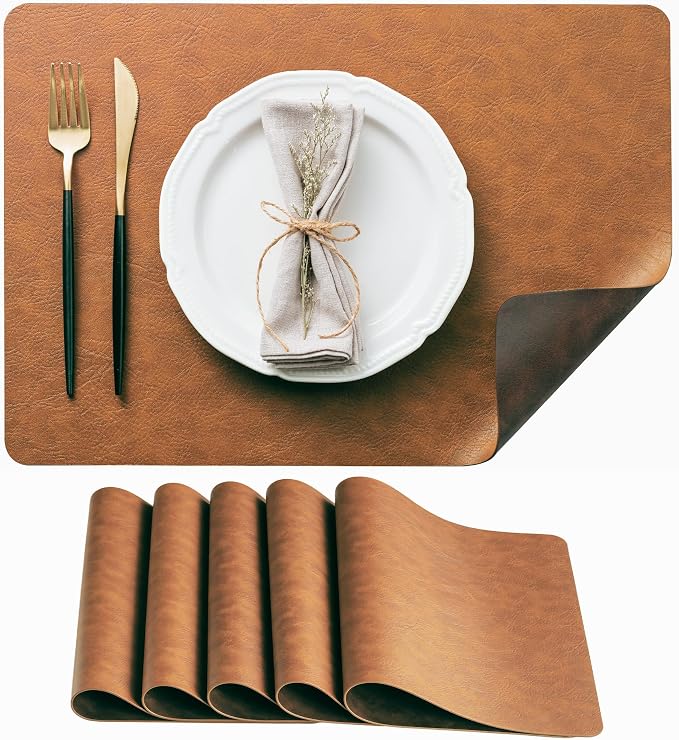 Placemats Set of 6, DOLOPL Reversible Dual-Color Faux Leather Place Mats 17"x11.8"– Waterproof, Heat Resistant, Washable & Wipeable, Luxury Retro Style for Kitchen Dining Table (Reddish Brown & Brown)
