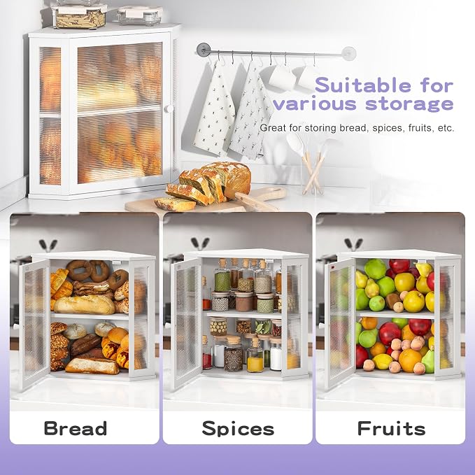 Corner Bread Box for Kitchen Countertop, Farmhouse Style with Acrylic Wavy Door Panel White Counter Bread boxes, Extra Large Food Storage Container