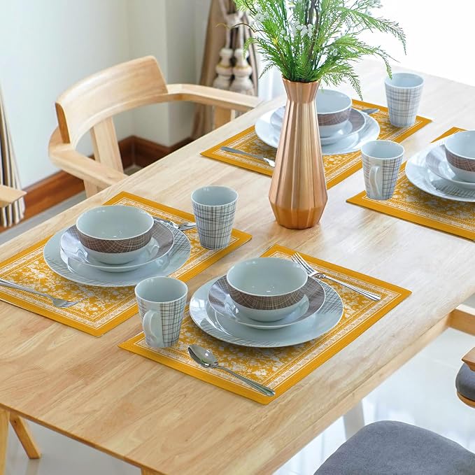 Rustic Yellow Vintage Flowers Placemats Set of 4，Chinoiserie Floral Branches Decoration Table Mat Washable Non-Slip Place Mats 12 x 18 Inch for Party Kitchen Dining