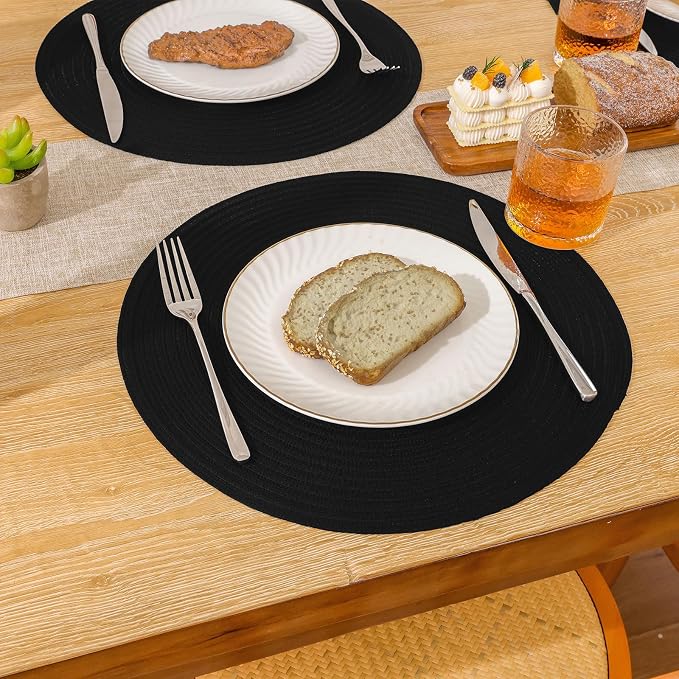 SHACOS Round Braided Placemats Set of 6 Cotton Polyester Heavy Duty 15 inch Round Table Mats Washable Heat Resistant Place Mats (Black, 6)