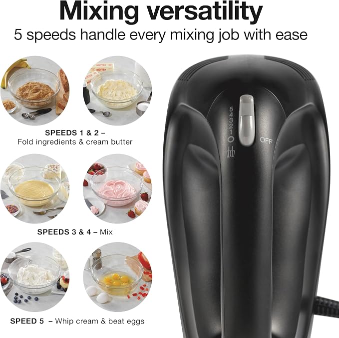 Proctor Silex Easy Mix 5-Speed Electric Hand Mixer with Bowl Rest | Compact and Lightweight | 215 Watts of Peak Power | Snap-On Storage Case | Black | 62512