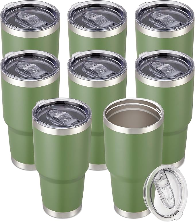 30 oz Tumbler with Lid Stainless Steel Tumblers Bulk, 8 Pack | Vacuum Insulated Cup, Leak Proof Lid, Powder Coated Travel Mug, Double Wall, Keep Cold Drinks for 12 Hours, Army Green