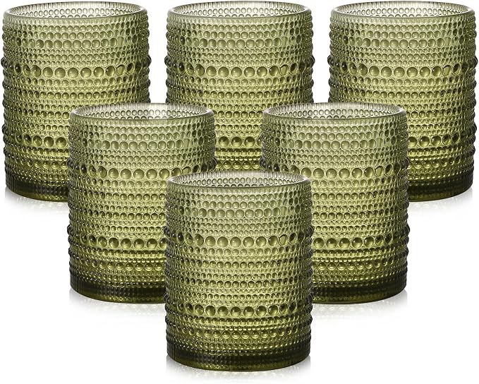 ZMOWIPDL Drinking Glasses Set of 6,12oz Green Hobnail Glass Cups | Vintage Glassware，Embossed Water Tumbler,for Beer,Cocktail,Whiskey,Juice and Various Mixed Drinks- 1 Cleaning Brush